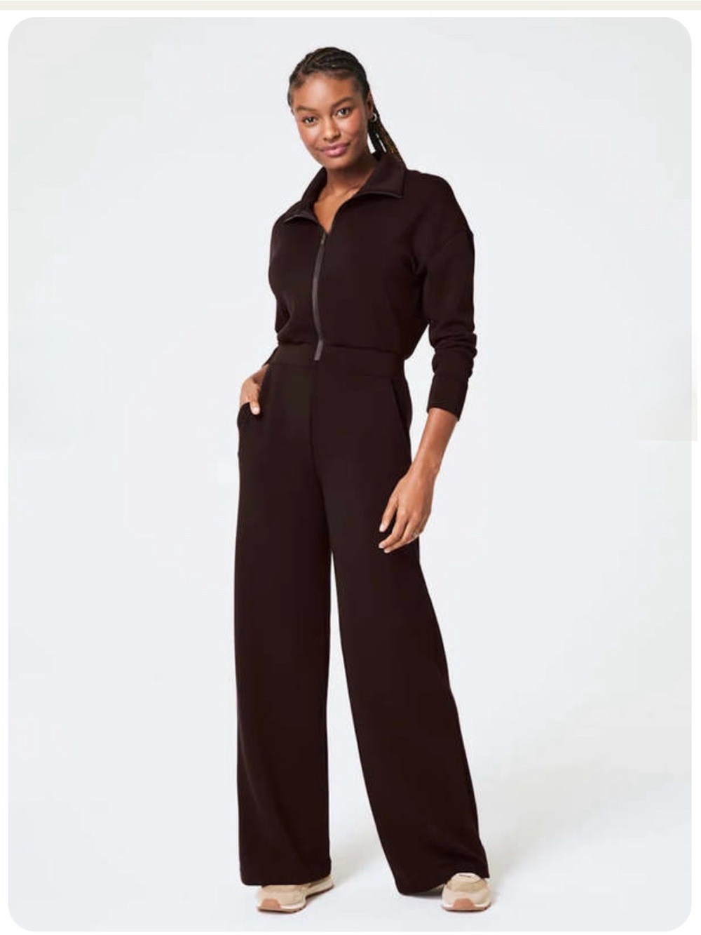 SPANX Zip-Front Wide-Leg Jumpsuit in Dark Brown